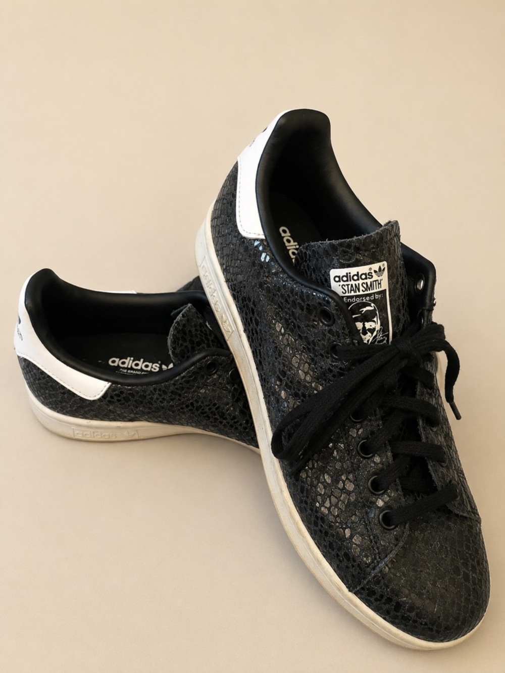 adidas Stan Smith Black Snake-Texture Sneakers with White Heel Tab